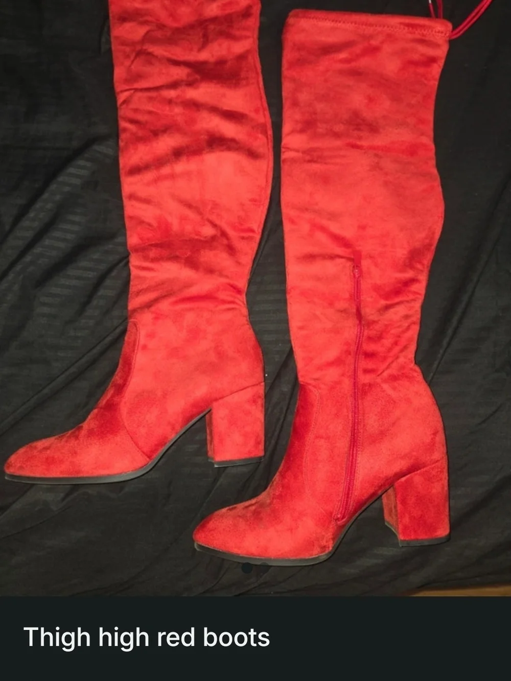 Red Thigh-High Block Heel Boots